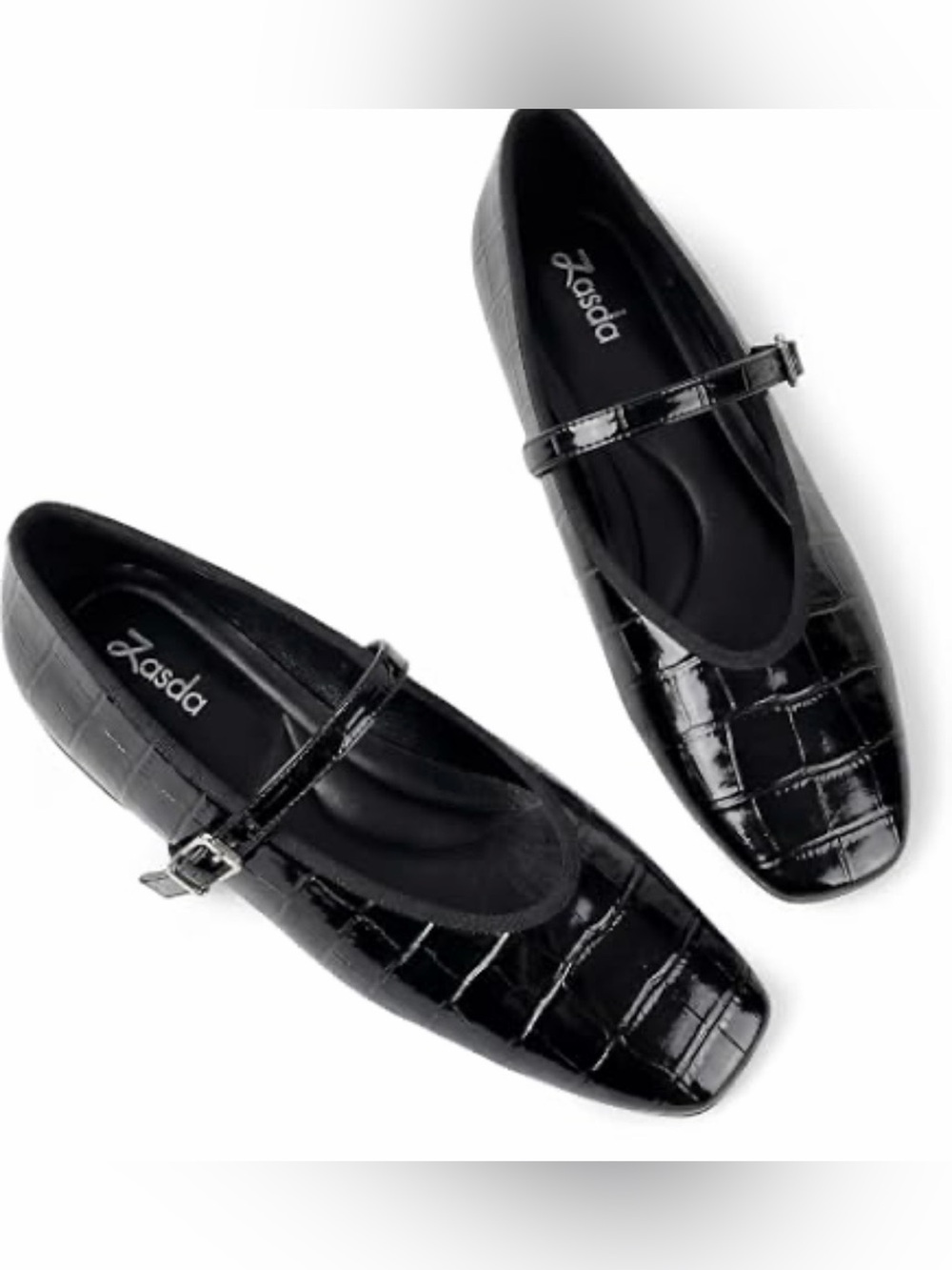 Black Patent Croc-Embossed Mary Jane Flats